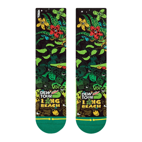 Dew tour, mountain dew, skate, 2019, 2020, 2021. leaf, green red, wheels, long beach flower with eyes.