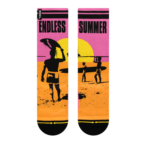 Endless summer, pink, yellow, orange, surf silhouette, black shadow,.