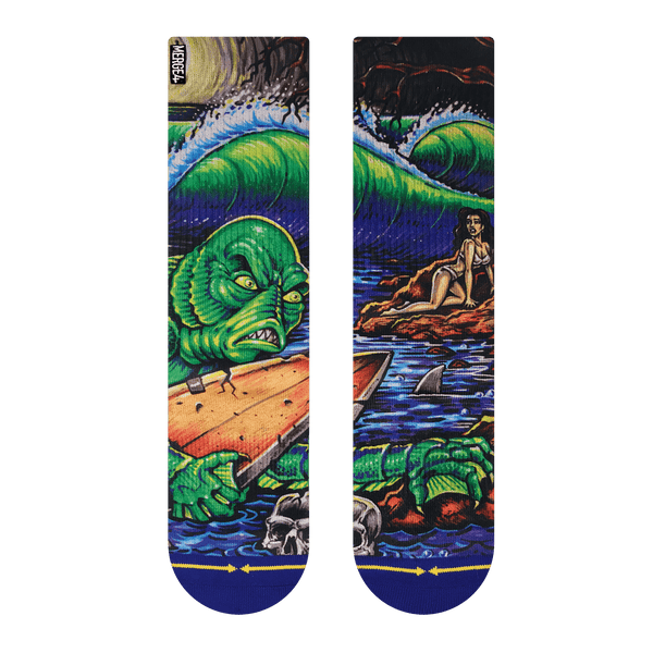 creature from the black lagoon, classic monster movie, surfboard, damsel in distress, crashing waves, green, blue, branches night, philips, jumbo phillips