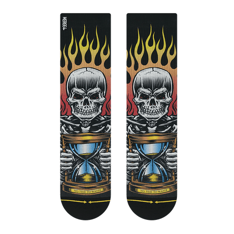 No time to waste, skull, hour glass, flames, black sock, graphic, design, time, no time to waste, red, orange, yellow, blue, brown, gold, white, skeleton, bones, 