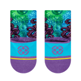 back of octopus sock, design wrap around, purple heel and toe, blue arch, purple logo, jumbo, jumbo phillips, jimbo philips. philips.