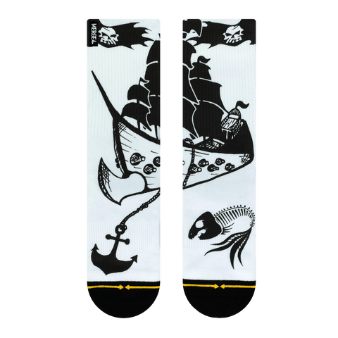 white sock, ship, boat, vessel, black, pirate flat, pirate ship, fish skeleton, anchor, cannon, sail.