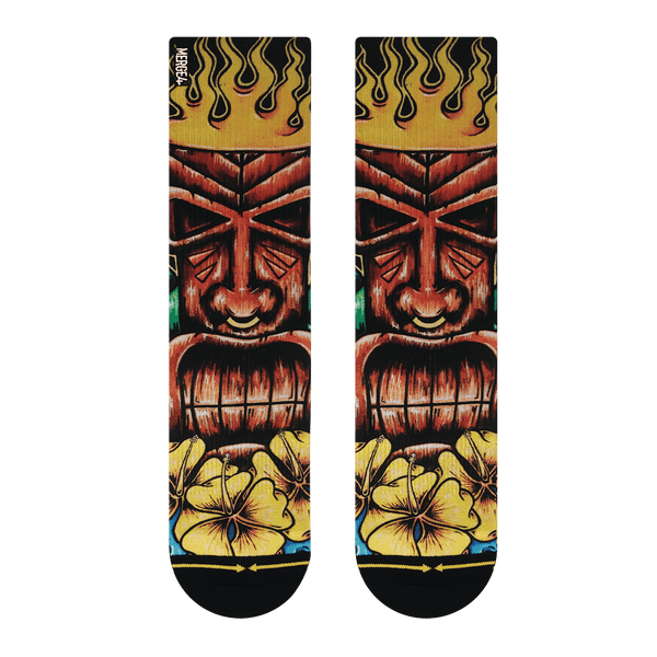 tiki, flames, flowers, yellow, blue, gold, black, green, wood, nose ring, bull