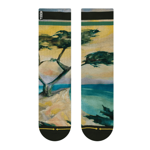 cypress, painted, watercolor, tree, cliff, wave, ocean, black stripes, brown, yellow, blue,