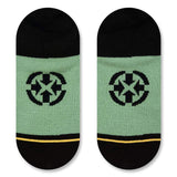 sock bottom, green, black logo heel and toe, expert stitching.