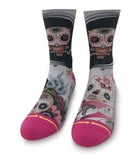 modeled sock, pink toe, candy skull, pink skull,  blue flames, owl in its tree.