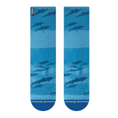Dolphin socks, blue, silhouette, pod of dolphin, shades of blue, MERGE4 Arrow.