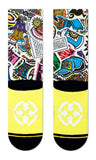 yellow padding, white logo, spray paint, hat, cap, no cap