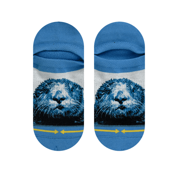 otter socks, no show, ankle socks, white, blue, fur, water creature.