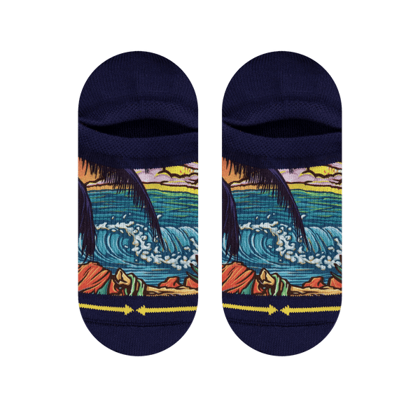 ankle socks, elastic no show socks, waves, palm trees, blue waves, orange