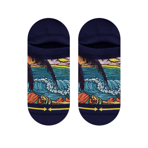 ankle socks, elastic no show socks, waves, palm trees, blue waves, orange