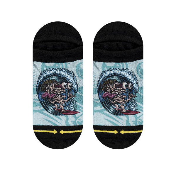 ankle socks, elastic, black fabric, surf freak, barrel wave, shaka, surfboard.