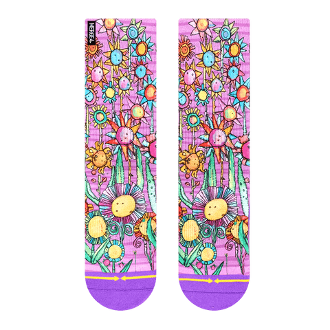 flowers, purple socks, blue petals, red, pink, orange, purple toes, alien