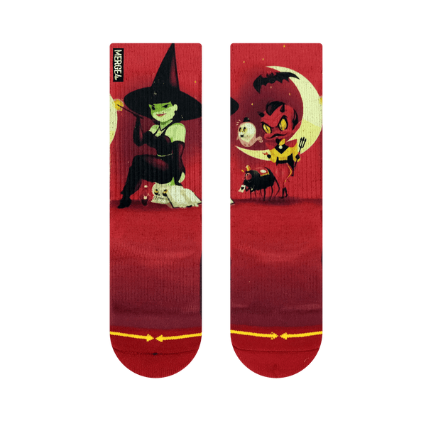 Youth socks, Halloween young adult sucks, witches and devils, crescent moons and black bats, red, white, glow, yellow black , green.