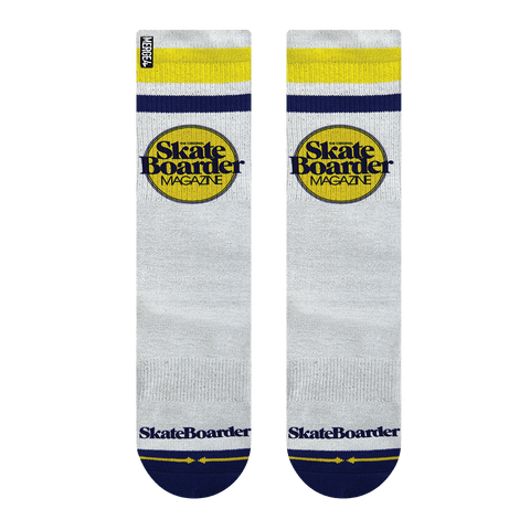 skateboarder magazine, yellow, stripe, purple stripe, text, publication, skateboarder, white sock