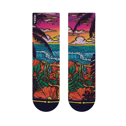 youth socks, matching paradise, dual canvas, purple sky, crashing waves, orange flowers,